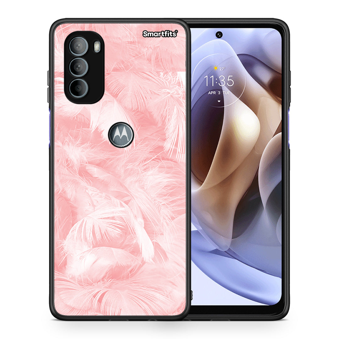 Θήκη Motorola Moto G31 Pink Feather Boho από τη Smartfits με σχέδιο στο πίσω μέρος και μαύρο περίβλημα | Motorola Moto G31 Pink Feather Boho case with colorful back and black bezels