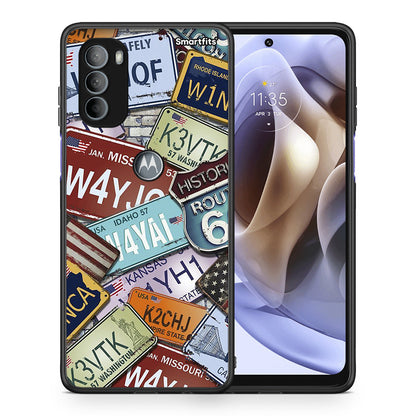 Θήκη Motorola Moto G31 Car Plates από τη Smartfits με σχέδιο στο πίσω μέρος και μαύρο περίβλημα | Motorola Moto G31 Car Plates case with colorful back and black bezels