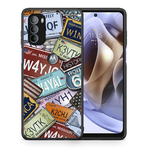 Θήκη Motorola Moto G31 Car Plates από τη Smartfits με σχέδιο στο πίσω μέρος και μαύρο περίβλημα | Motorola Moto G31 Car Plates case with colorful back and black bezels