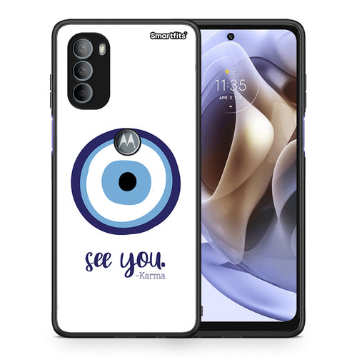 Θήκη Motorola Moto G31 Karma Says από τη Smartfits με σχέδιο στο πίσω μέρος και μαύρο περίβλημα | Motorola Moto G31 Karma Says case with colorful back and black bezels