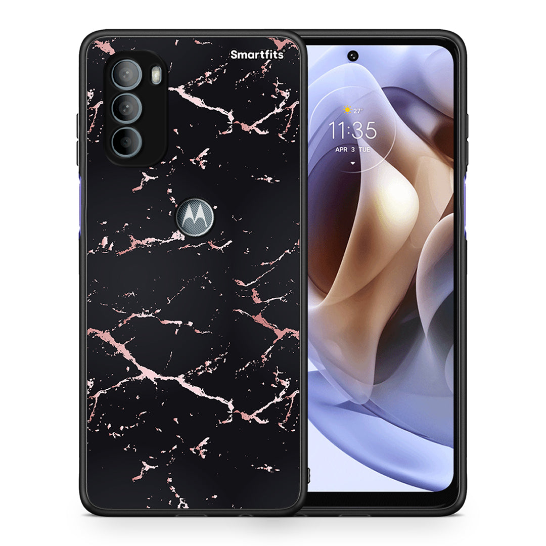 Θήκη Motorola Moto G31 Black Rosegold Marble από τη Smartfits με σχέδιο στο πίσω μέρος και μαύρο περίβλημα | Motorola Moto G31 Black Rosegold Marble case with colorful back and black bezels