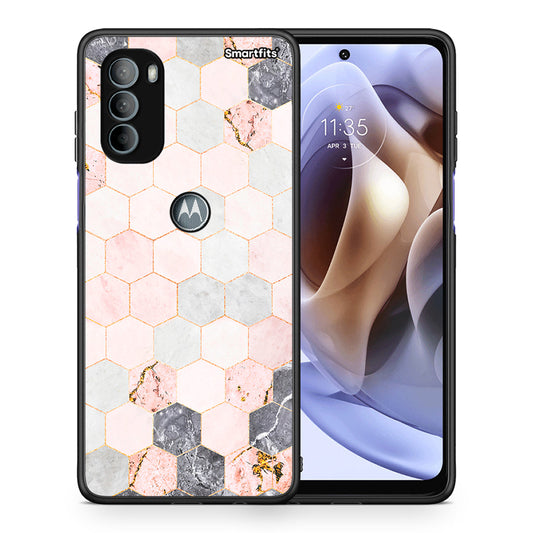 Θήκη Motorola Moto G31 Hexagon Pink Marble από τη Smartfits με σχέδιο στο πίσω μέρος και μαύρο περίβλημα | Motorola Moto G31 Hexagon Pink Marble case with colorful back and black bezels