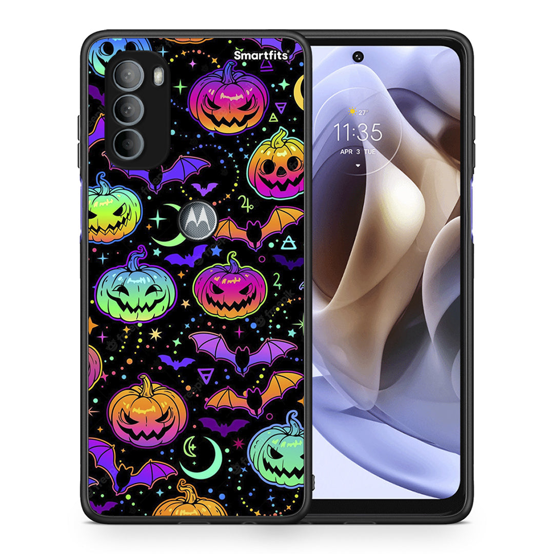 Θήκη Motorola Moto G31 Neon Halloween από τη Smartfits με σχέδιο στο πίσω μέρος και μαύρο περίβλημα | Motorola Moto G31 Neon Halloween case with colorful back and black bezels