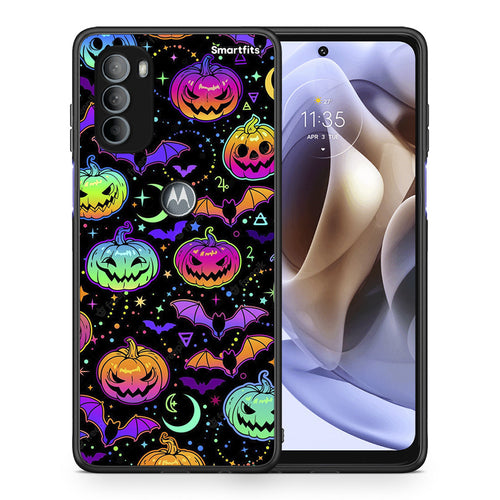 Θήκη Motorola Moto G31 Neon Halloween από τη Smartfits με σχέδιο στο πίσω μέρος και μαύρο περίβλημα | Motorola Moto G31 Neon Halloween case with colorful back and black bezels