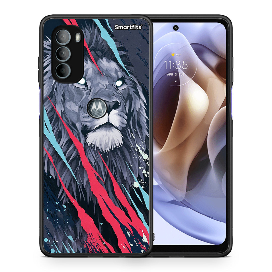 Θήκη Motorola Moto G31 Lion Designer PopArt από τη Smartfits με σχέδιο στο πίσω μέρος και μαύρο περίβλημα | Motorola Moto G31 Lion Designer PopArt case with colorful back and black bezels
