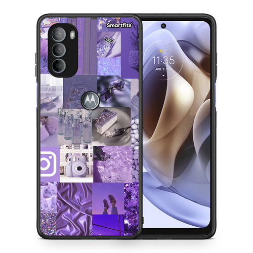 Θήκη Motorola Moto G31 Purple Aesthetic Collage από τη Smartfits με σχέδιο στο πίσω μέρος και μαύρο περίβλημα | Motorola Moto G31 Purple Aesthetic Collage case with colorful back and black bezels