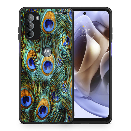 Θήκη Motorola Moto G31 Real Peacock Feathers από τη Smartfits με σχέδιο στο πίσω μέρος και μαύρο περίβλημα | Motorola Moto G31 Real Peacock Feathers case with colorful back and black bezels