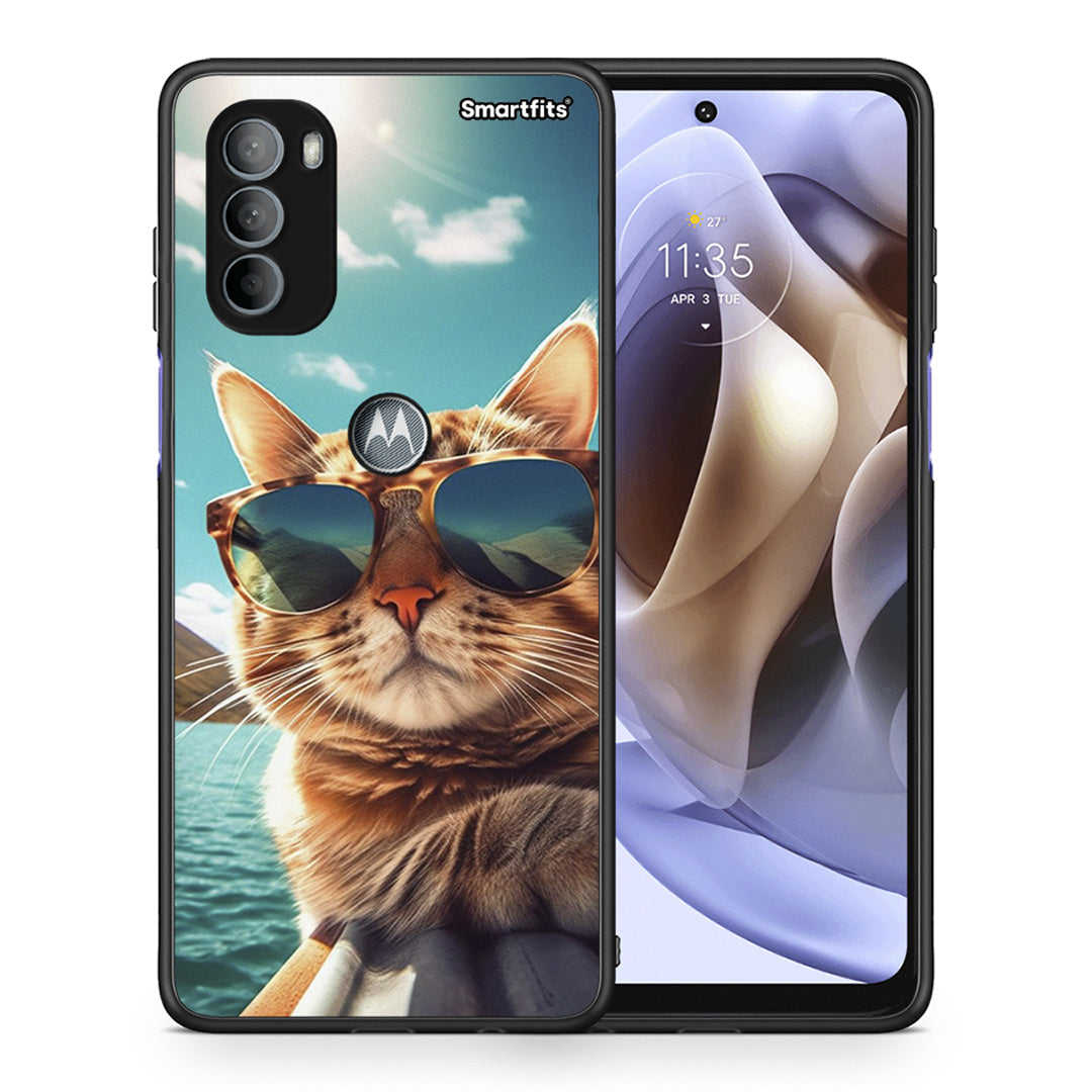 Θήκη Motorola Moto G31 Summer Cat από τη Smartfits με σχέδιο στο πίσω μέρος και μαύρο περίβλημα | Motorola Moto G31 Summer Cat case with colorful back and black bezels