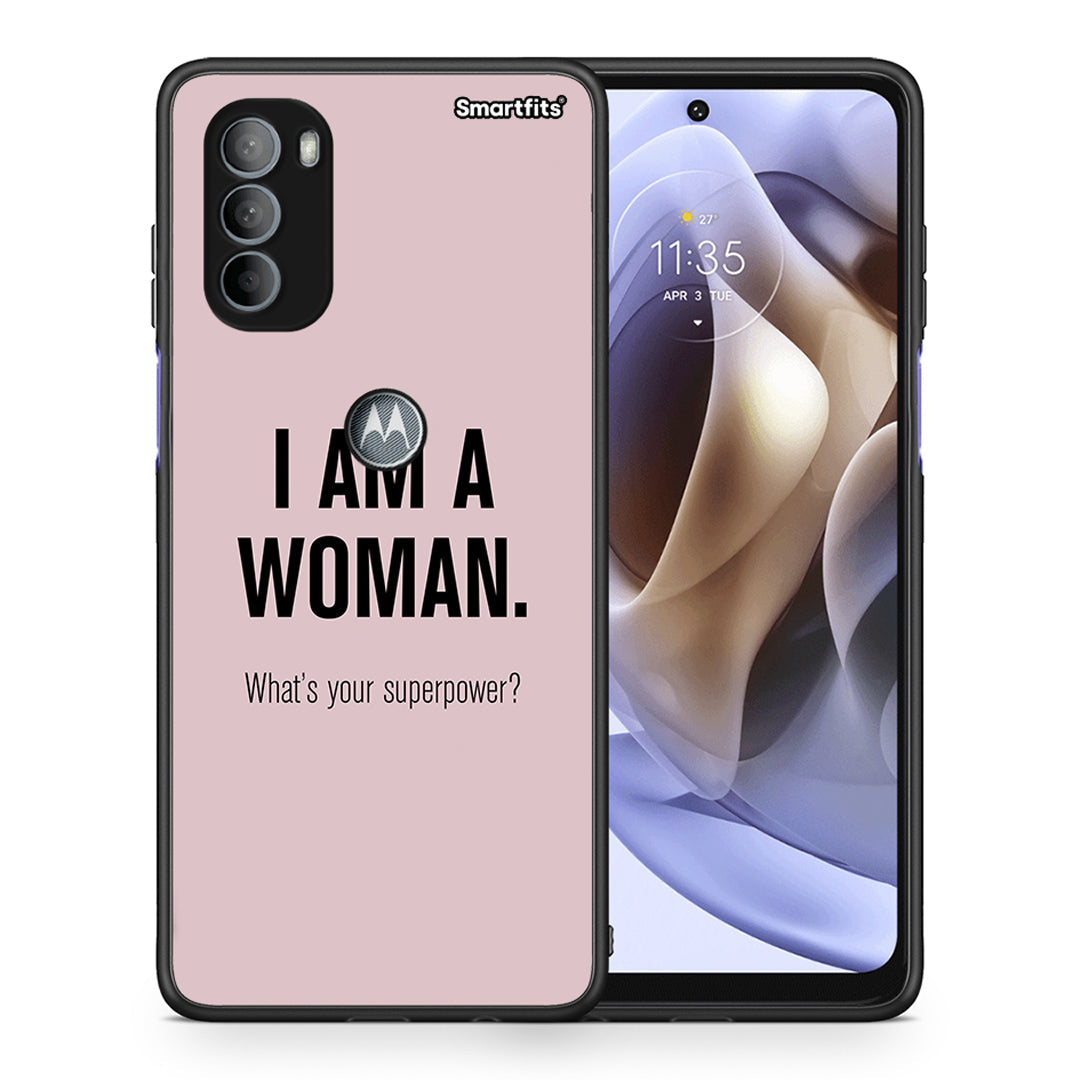 Θήκη Motorola Moto G31 Superpower Woman από τη Smartfits με σχέδιο στο πίσω μέρος και μαύρο περίβλημα | Motorola Moto G31 Superpower Woman case with colorful back and black bezels