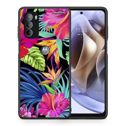 Θήκη Motorola Moto G31 Tropical Flowers από τη Smartfits με σχέδιο στο πίσω μέρος και μαύρο περίβλημα | Motorola Moto G31 Tropical Flowers case with colorful back and black bezels