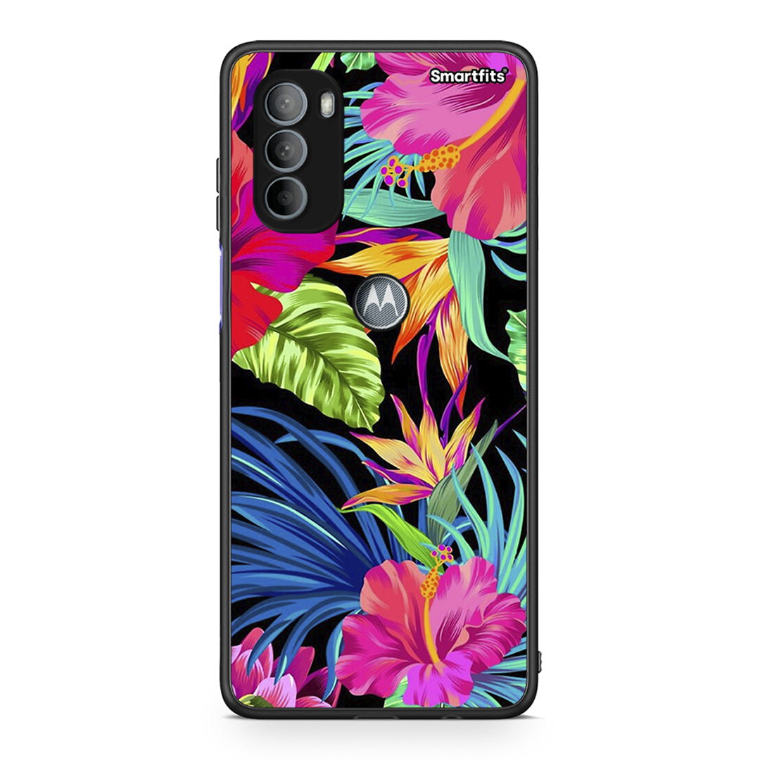 Motorola Moto G31 Tropical Flowers θήκη από τη Smartfits με σχέδιο στο πίσω μέρος και μαύρο περίβλημα | Smartphone case with colorful back and black bezels by Smartfits