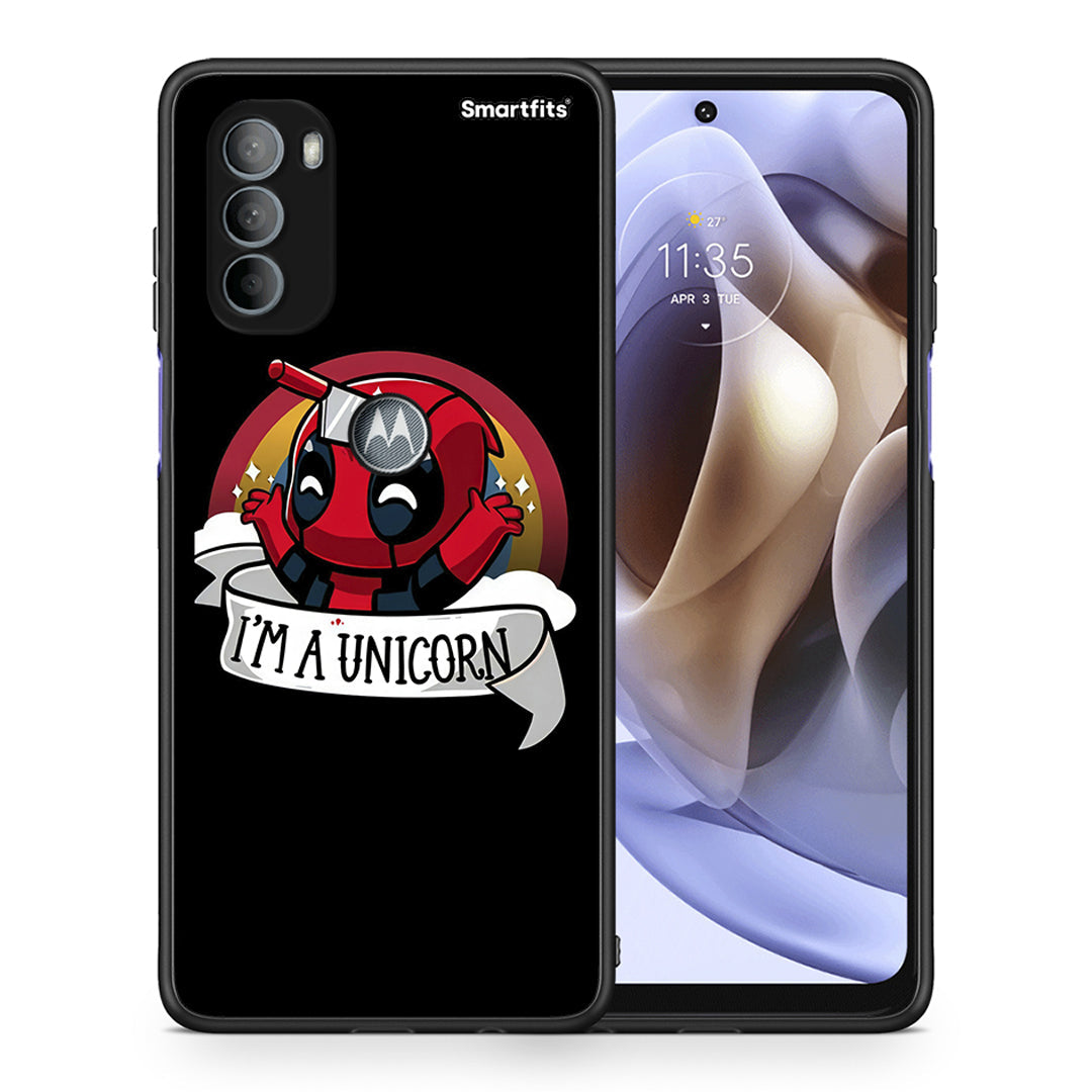 Θήκη Motorola Moto G31 Unicorn Deadpool από τη Smartfits με σχέδιο στο πίσω μέρος και μαύρο περίβλημα | Motorola Moto G31 Unicorn Deadpool case with colorful back and black bezels