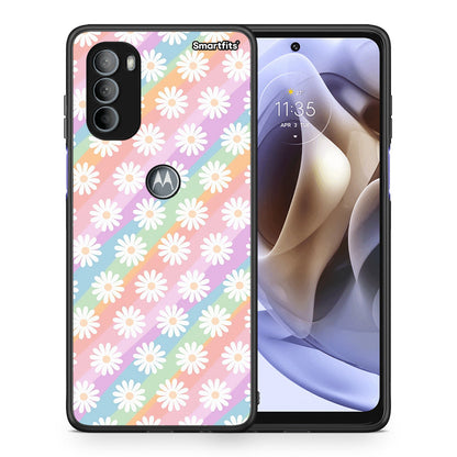 Θήκη Motorola Moto G31 White Daisies από τη Smartfits με σχέδιο στο πίσω μέρος και μαύρο περίβλημα | Motorola Moto G31 White Daisies case with colorful back and black bezels