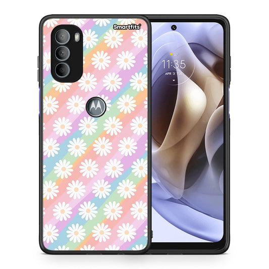 Θήκη Motorola Moto G31 White Daisies από τη Smartfits με σχέδιο στο πίσω μέρος και μαύρο περίβλημα | Motorola Moto G31 White Daisies case with colorful back and black bezels