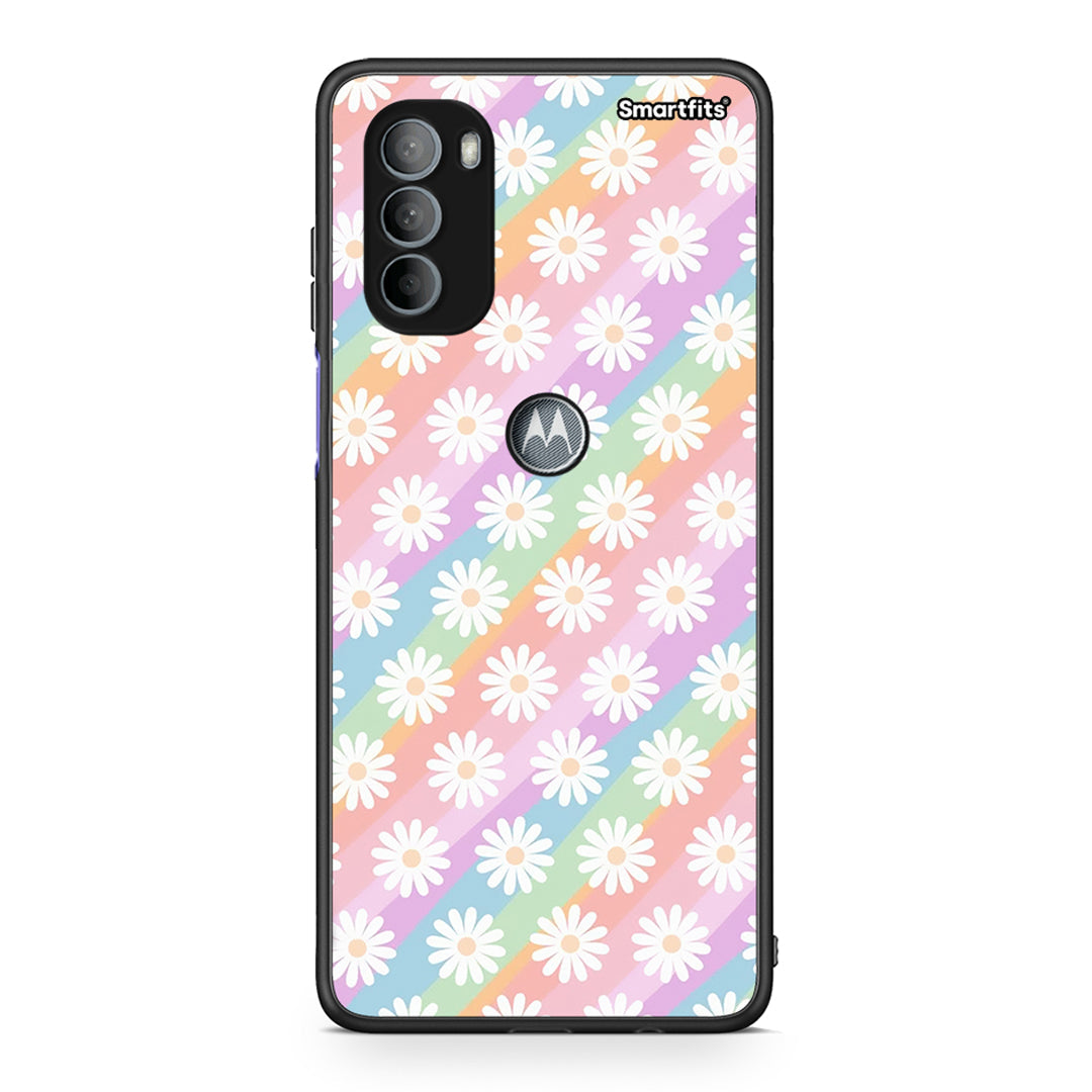 Motorola Moto G31 White Daisies θήκη από τη Smartfits με σχέδιο στο πίσω μέρος και μαύρο περίβλημα | Smartphone case with colorful back and black bezels by Smartfits