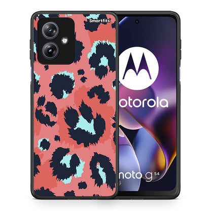 Θήκη Motorola Moto G54 Pink Leopard Animal από τη Smartfits με σχέδιο στο πίσω μέρος και μαύρο περίβλημα | Motorola Moto G54 Pink Leopard Animal case with colorful back and black bezels