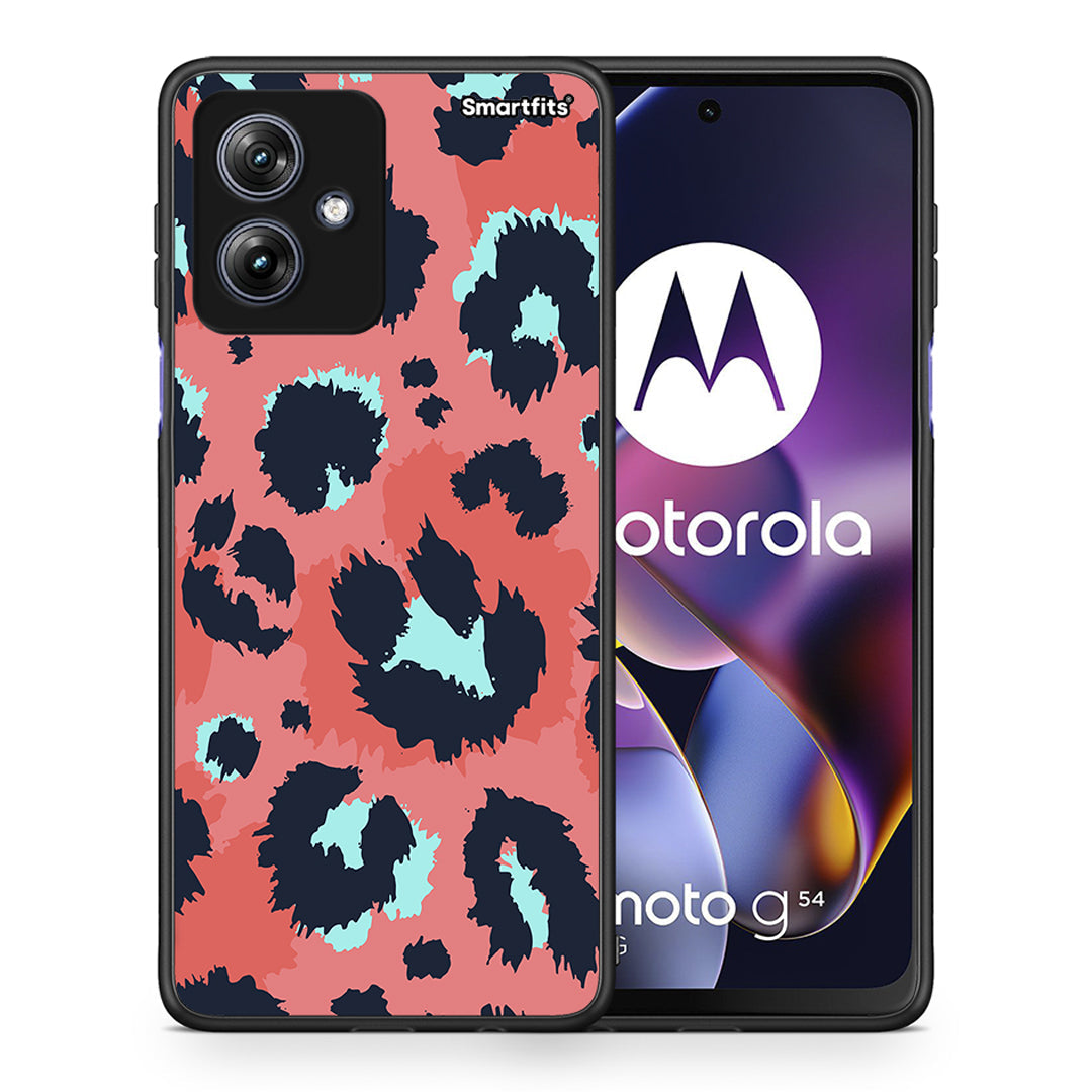 Θήκη Motorola Moto G54 Pink Leopard Animal από τη Smartfits με σχέδιο στο πίσω μέρος και μαύρο περίβλημα | Motorola Moto G54 Pink Leopard Animal case with colorful back and black bezels