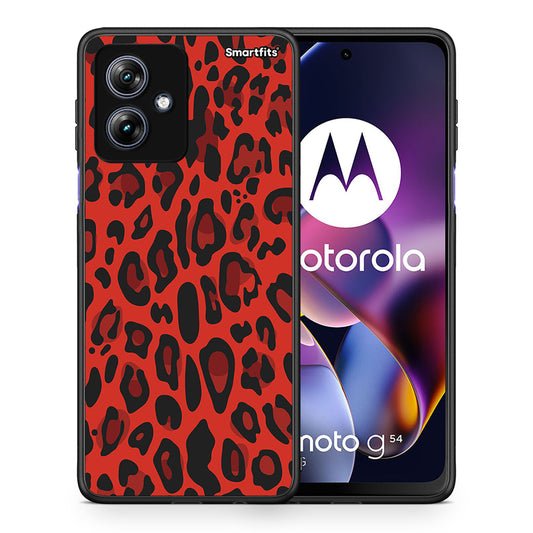 Θήκη Motorola Moto G54 Red Leopard Animal από τη Smartfits με σχέδιο στο πίσω μέρος και μαύρο περίβλημα | Motorola Moto G54 Red Leopard Animal case with colorful back and black bezels