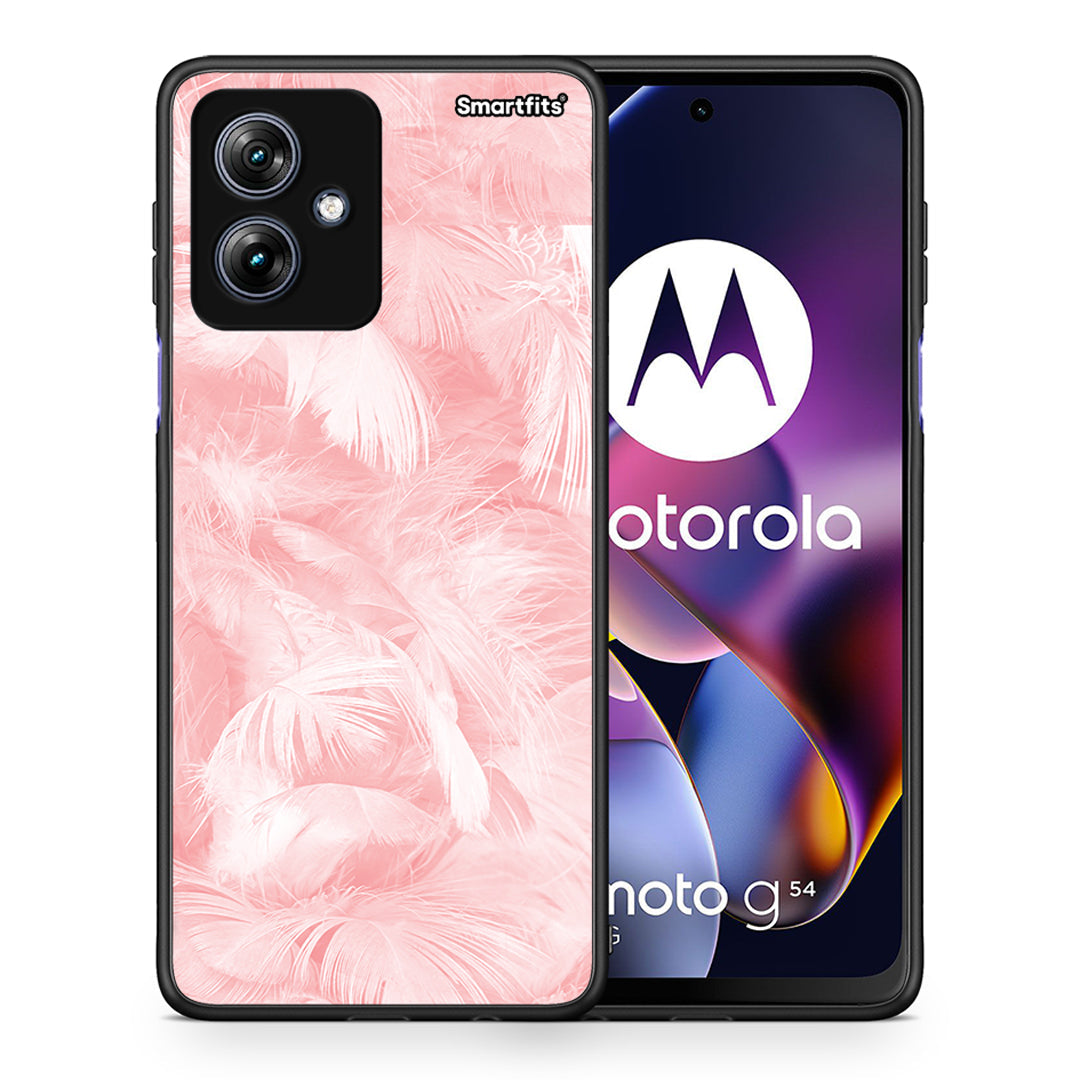 Θήκη Motorola Moto G54 Pink Feather Boho από τη Smartfits με σχέδιο στο πίσω μέρος και μαύρο περίβλημα | Motorola Moto G54 Pink Feather Boho case with colorful back and black bezels