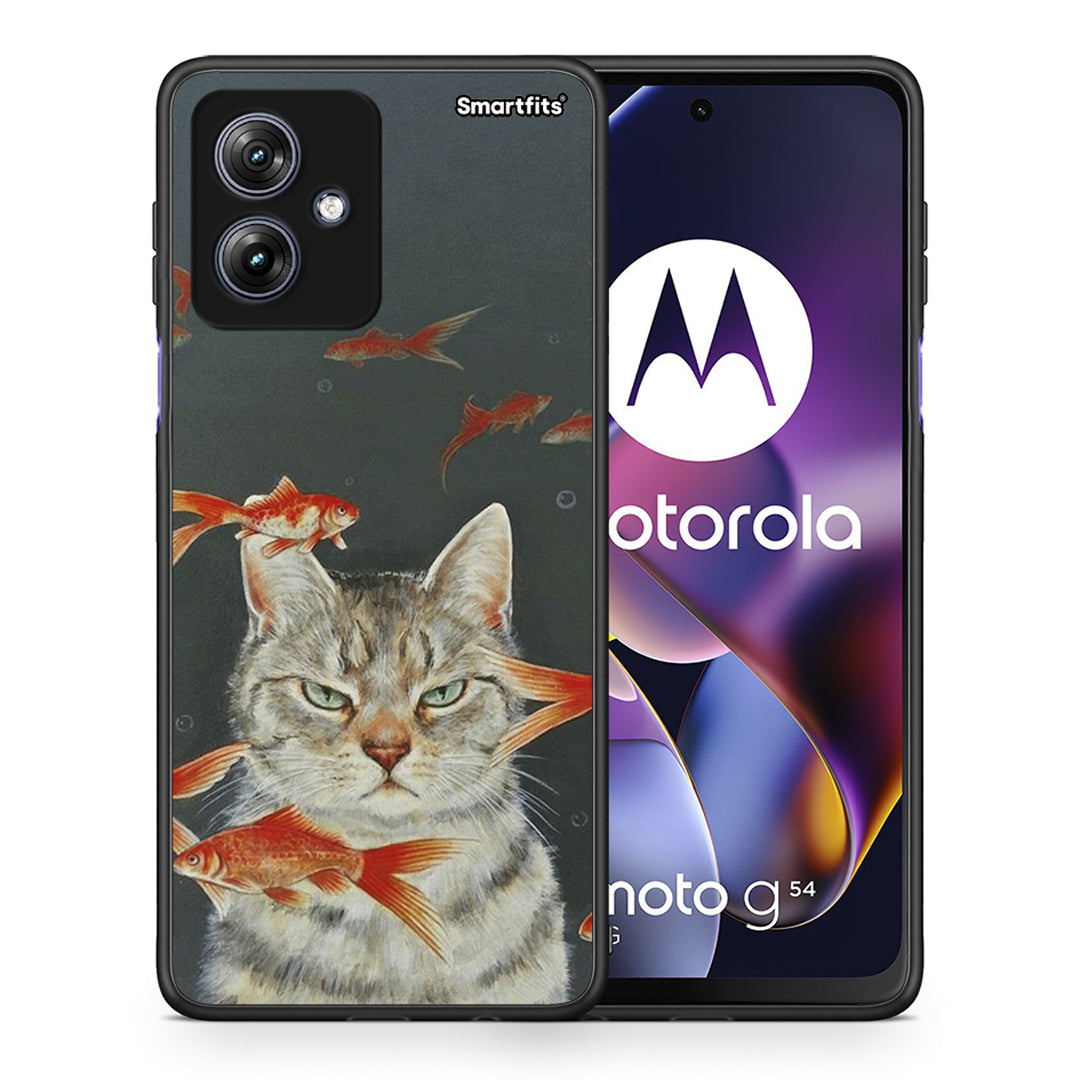 Θήκη Motorola Moto G54 Cat Goldfish από τη Smartfits με σχέδιο στο πίσω μέρος και μαύρο περίβλημα | Motorola Moto G54 Cat Goldfish case with colorful back and black bezels