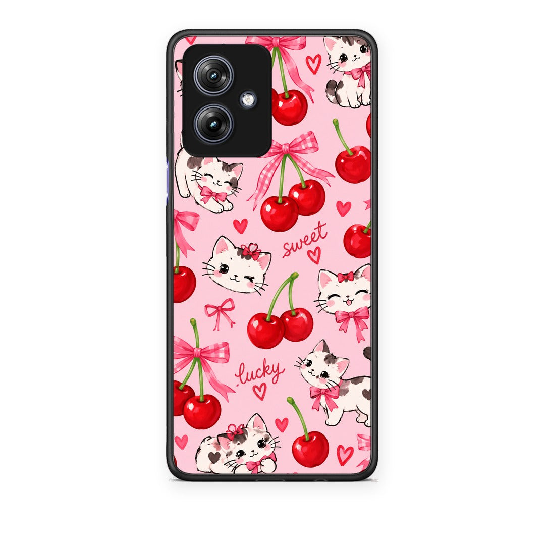 Θήκη Motorola Moto G54 Cherries Bows and Kittens on Pink από τη Smartfits με σχέδιο στο πίσω μέρος και μαύρο περίβλημα | Motorola Moto G54 Cherries Bows and Kittens on Pink case with colorful back and black bezels
