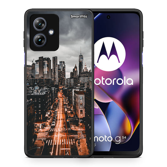 Θήκη Motorola Moto G54 City Lights από τη Smartfits με σχέδιο στο πίσω μέρος και μαύρο περίβλημα | Motorola Moto G54 City Lights case with colorful back and black bezels