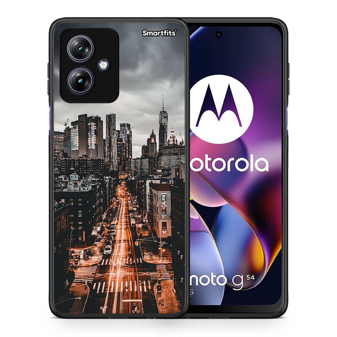 Θήκη Motorola Moto G54 City Lights από τη Smartfits με σχέδιο στο πίσω μέρος και μαύρο περίβλημα | Motorola Moto G54 City Lights case with colorful back and black bezels