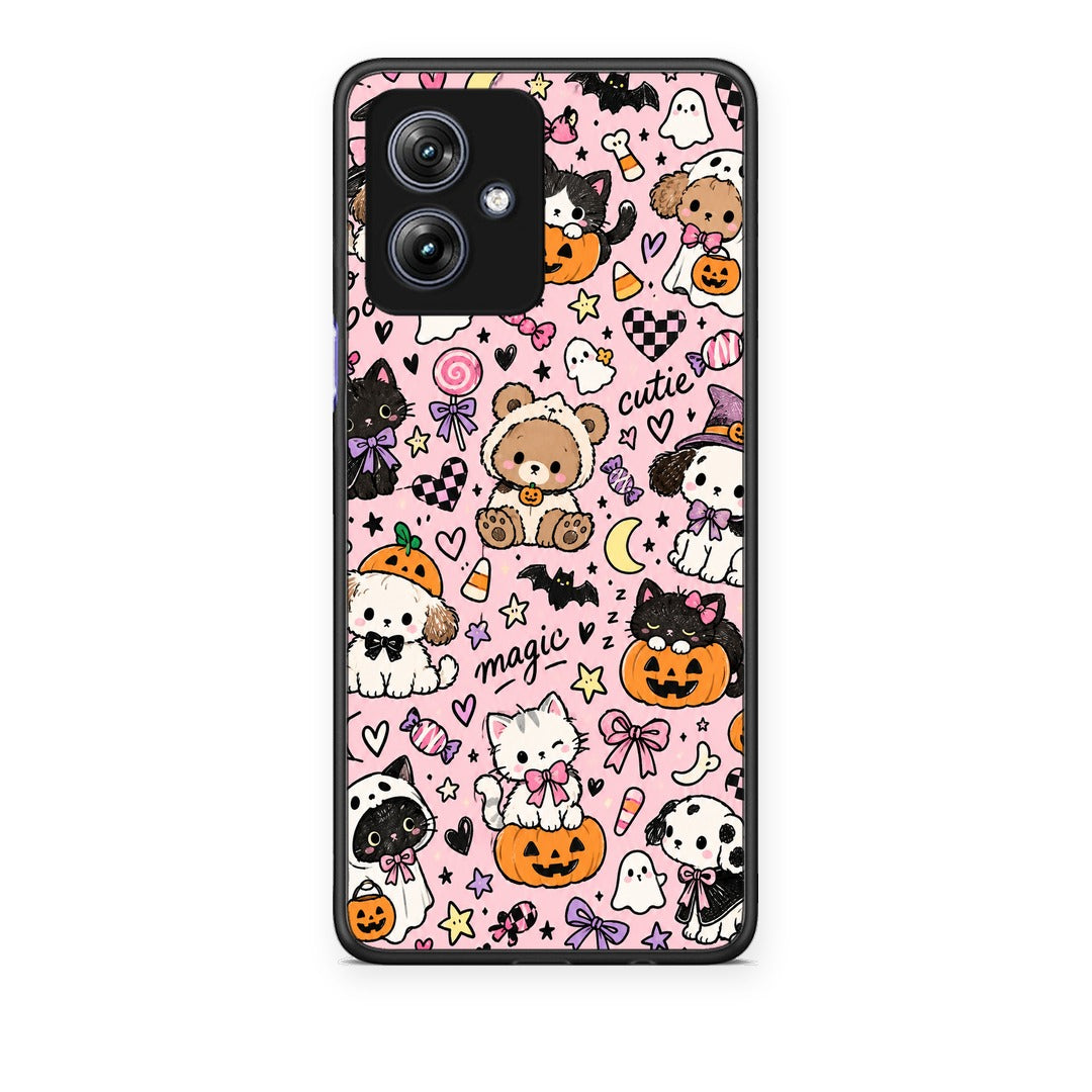 Θήκη Motorola Moto G54 Halloween Cute Animals on Pink από τη Smartfits με σχέδιο στο πίσω μέρος και μαύρο περίβλημα | Motorola Moto G54 Halloween Cute Animals on Pink case with colorful back and black bezels