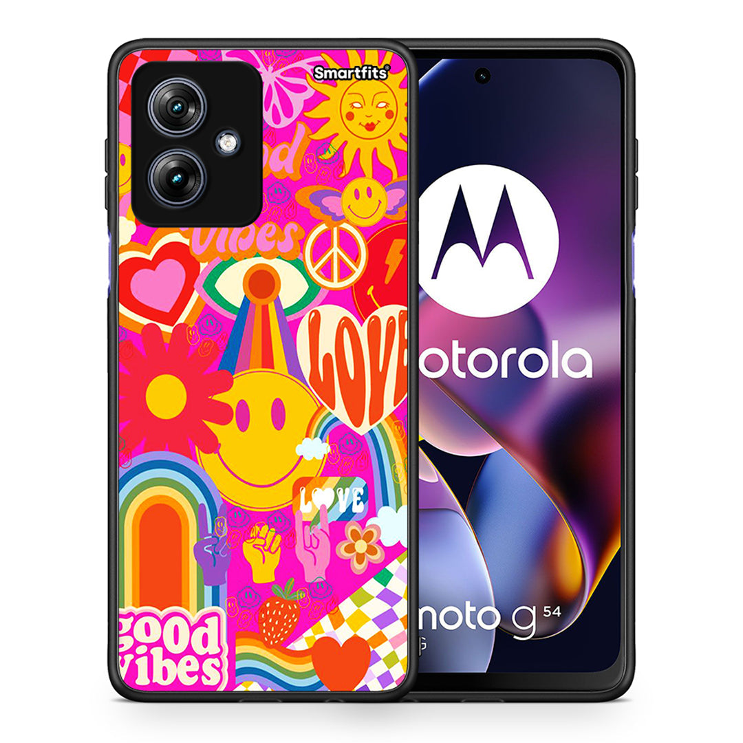 Θήκη Motorola Moto G54 Hippie Love από τη Smartfits με σχέδιο στο πίσω μέρος και μαύρο περίβλημα | Motorola Moto G54 Hippie Love case with colorful back and black bezels