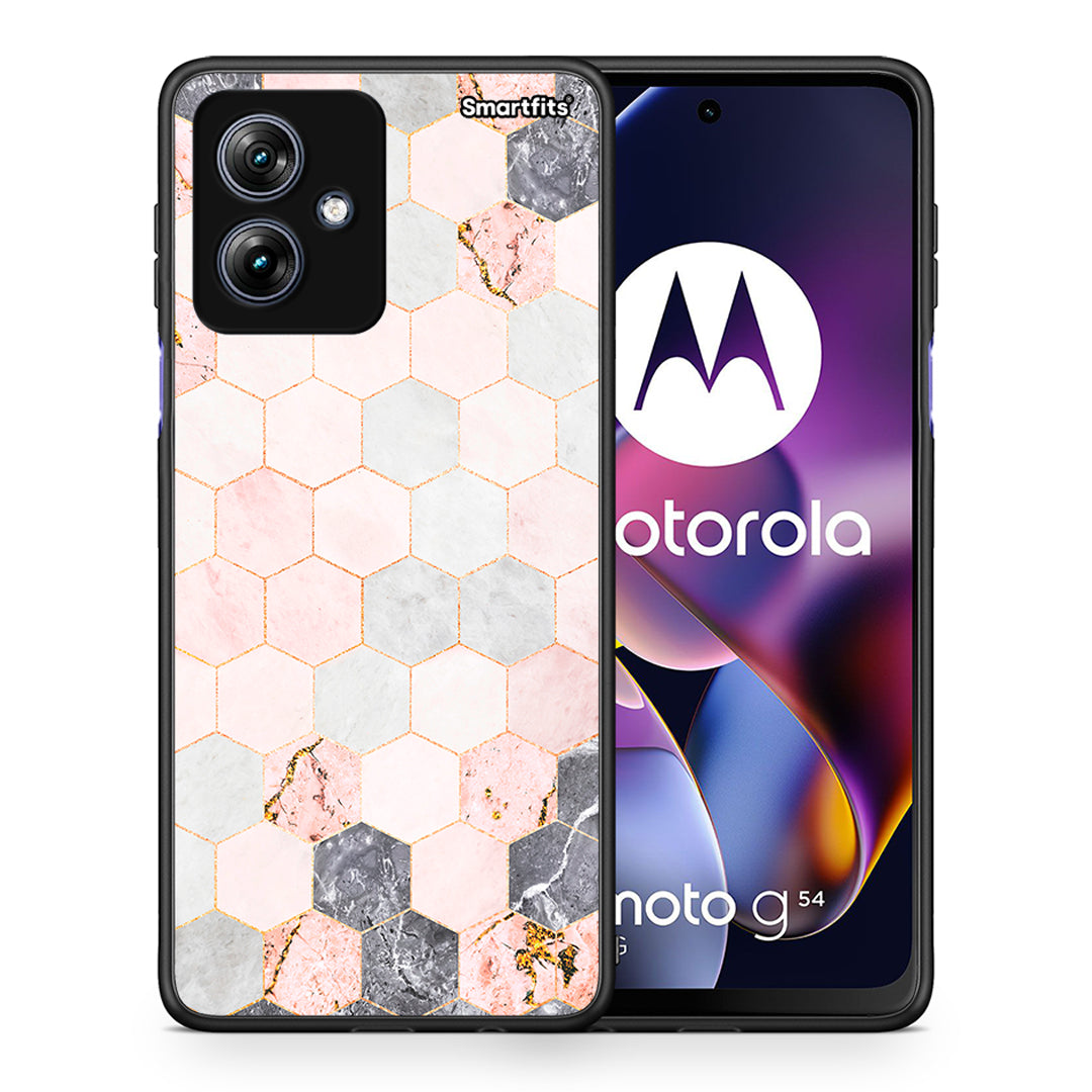 Θήκη Motorola Moto G54 Hexagon Pink Marble από τη Smartfits με σχέδιο στο πίσω μέρος και μαύρο περίβλημα | Motorola Moto G54 Hexagon Pink Marble case with colorful back and black bezels