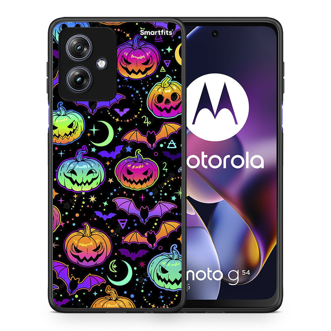 Θήκη Motorola Moto G54 Neon Halloween από τη Smartfits με σχέδιο στο πίσω μέρος και μαύρο περίβλημα | Motorola Moto G54 Neon Halloween case with colorful back and black bezels