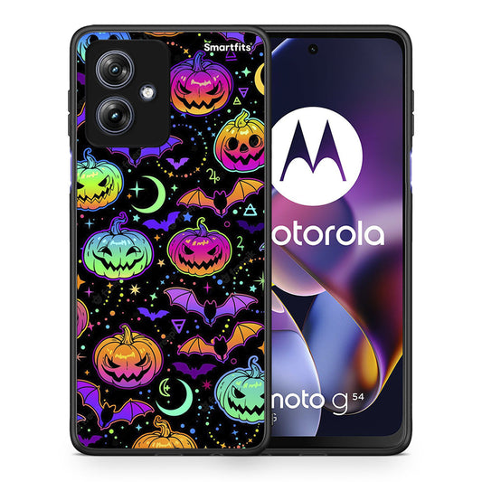 Θήκη Motorola Moto G54 Neon Halloween από τη Smartfits με σχέδιο στο πίσω μέρος και μαύρο περίβλημα | Motorola Moto G54 Neon Halloween case with colorful back and black bezels