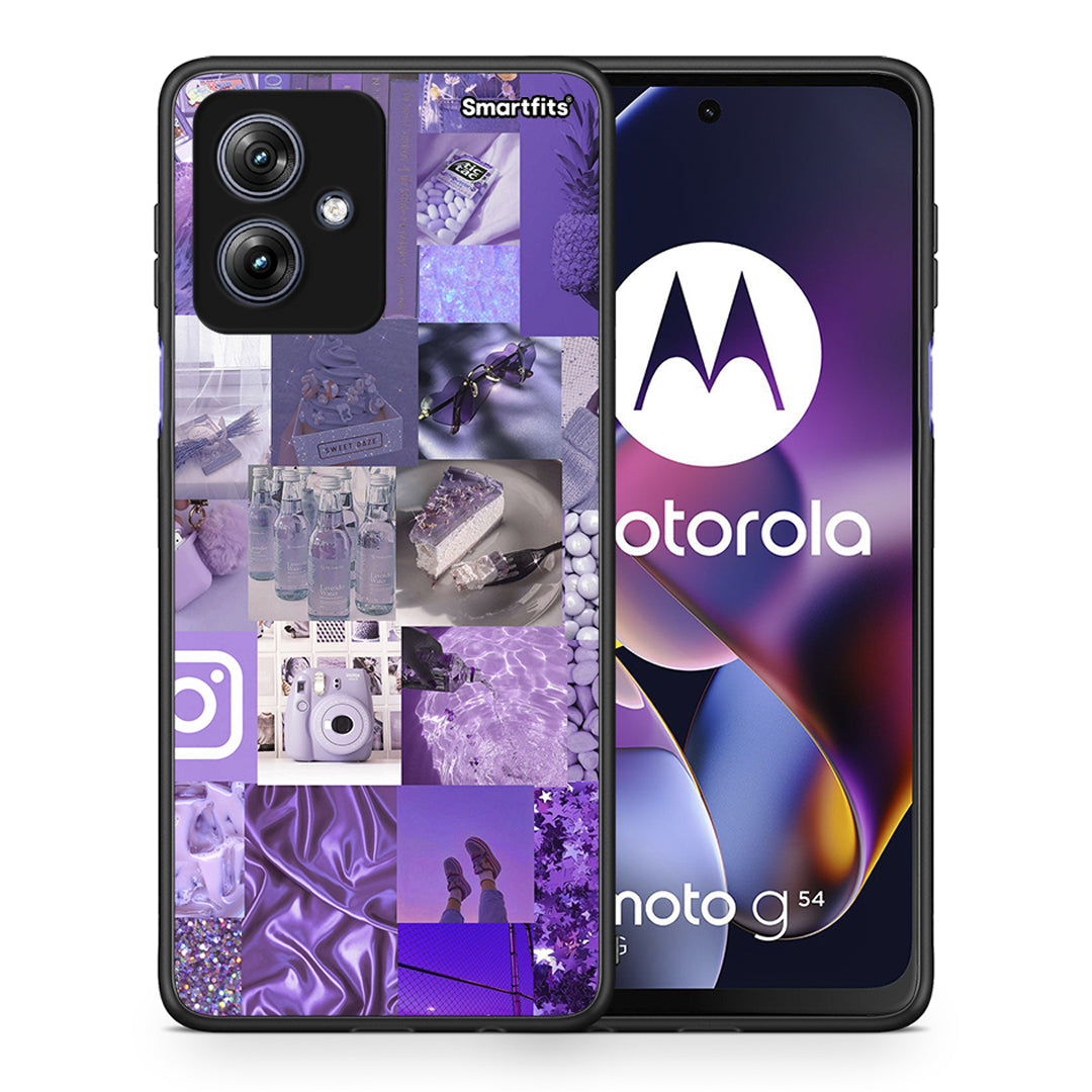 Θήκη Motorola Moto G54 Purple Aesthetic Collage από τη Smartfits με σχέδιο στο πίσω μέρος και μαύρο περίβλημα | Motorola Moto G54 Purple Aesthetic Collage case with colorful back and black bezels