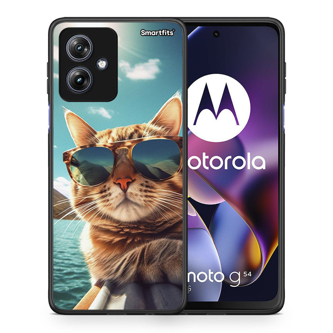 Θήκη Motorola Moto G54 Summer Cat από τη Smartfits με σχέδιο στο πίσω μέρος και μαύρο περίβλημα | Motorola Moto G54 Summer Cat case with colorful back and black bezels