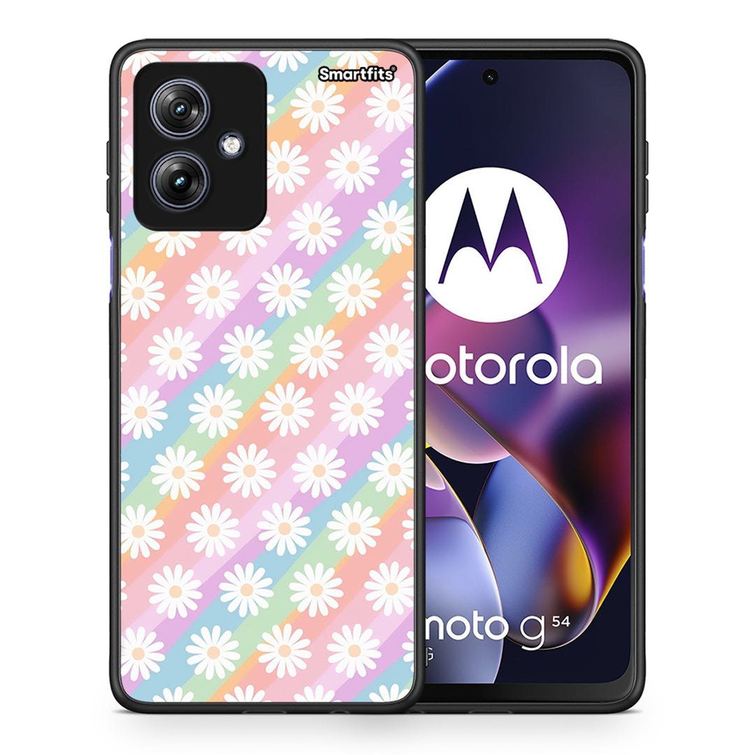 Θήκη Motorola Moto G54 White Daisies από τη Smartfits με σχέδιο στο πίσω μέρος και μαύρο περίβλημα | Motorola Moto G54 White Daisies case with colorful back and black bezels