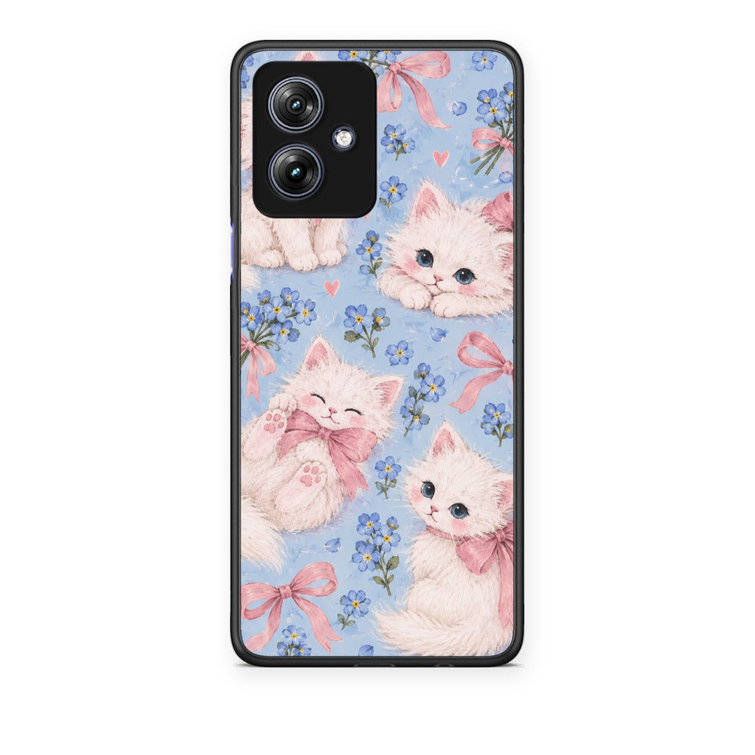 Θήκη Motorola Moto G54 White Kittens and Blue Flowers Large από τη Smartfits με σχέδιο στο πίσω μέρος και μαύρο περίβλημα | Motorola Moto G54 White Kittens and Blue Flowers Large case with colorful back and black bezels