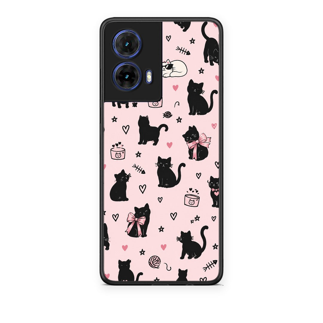 Θήκη Motorola Moto G85 Black Cat Doodles on Pink από τη Smartfits με σχέδιο στο πίσω μέρος και μαύρο περίβλημα | Motorola Moto G85 Black Cat Doodles on Pink case with colorful back and black bezels