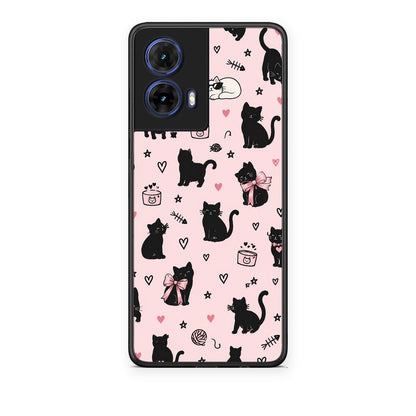 Θήκη Motorola Moto G85 Black Cat Doodles on Pink από τη Smartfits με σχέδιο στο πίσω μέρος και μαύρο περίβλημα | Motorola Moto G85 Black Cat Doodles on Pink case with colorful back and black bezels
