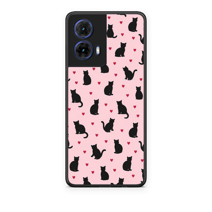 Θήκη Motorola Moto G85 Black Cat Silhouettes and Hearts on Pink από τη Smartfits με σχέδιο στο πίσω μέρος και μαύρο περίβλημα | Motorola Moto G85 Black Cat Silhouettes and Hearts on Pink case with colorful back and black bezels