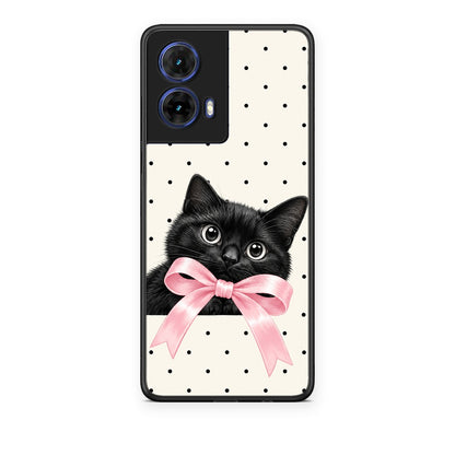 Θήκη Motorola Moto G85 Black Kitten Pink Bow and Polka Dots από τη Smartfits με σχέδιο στο πίσω μέρος και μαύρο περίβλημα | Motorola Moto G85 Black Kitten Pink Bow and Polka Dots case with colorful back and black bezels