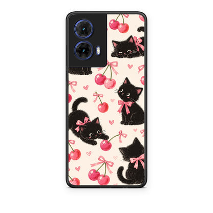 Θήκη Motorola Moto G85 Black Kittens and Cherries on Cream από τη Smartfits με σχέδιο στο πίσω μέρος και μαύρο περίβλημα | Motorola Moto G85 Black Kittens and Cherries on Cream case with colorful back and black bezels