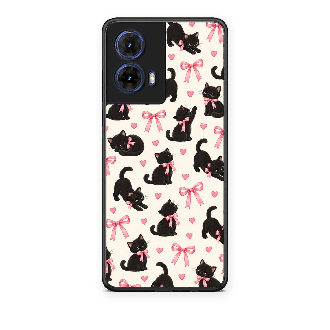 Θήκη Motorola Moto G85 Black Kittens and Pink Bows on Cream Small από τη Smartfits με σχέδιο στο πίσω μέρος και μαύρο περίβλημα | Motorola Moto G85 Black Kittens and Pink Bows on Cream Small case with colorful back and black bezels