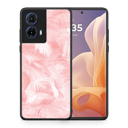 Θήκη Motorola Moto G85 Pink Feather Boho από τη Smartfits με σχέδιο στο πίσω μέρος και μαύρο περίβλημα | Motorola Moto G85 Pink Feather Boho case with colorful back and black bezels