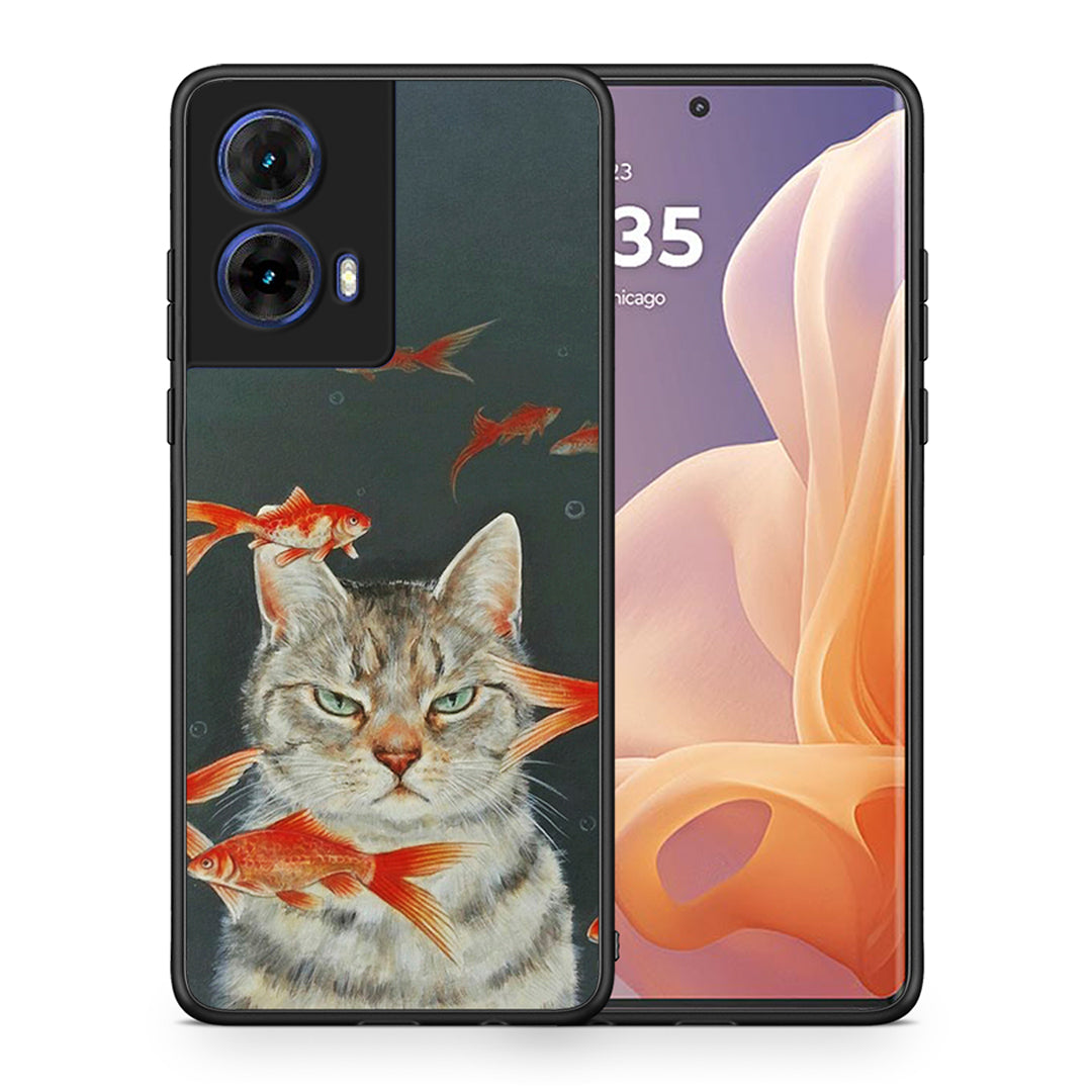 Θήκη Motorola Moto G85 Cat Goldfish από τη Smartfits με σχέδιο στο πίσω μέρος και μαύρο περίβλημα | Motorola Moto G85 Cat Goldfish case with colorful back and black bezels
