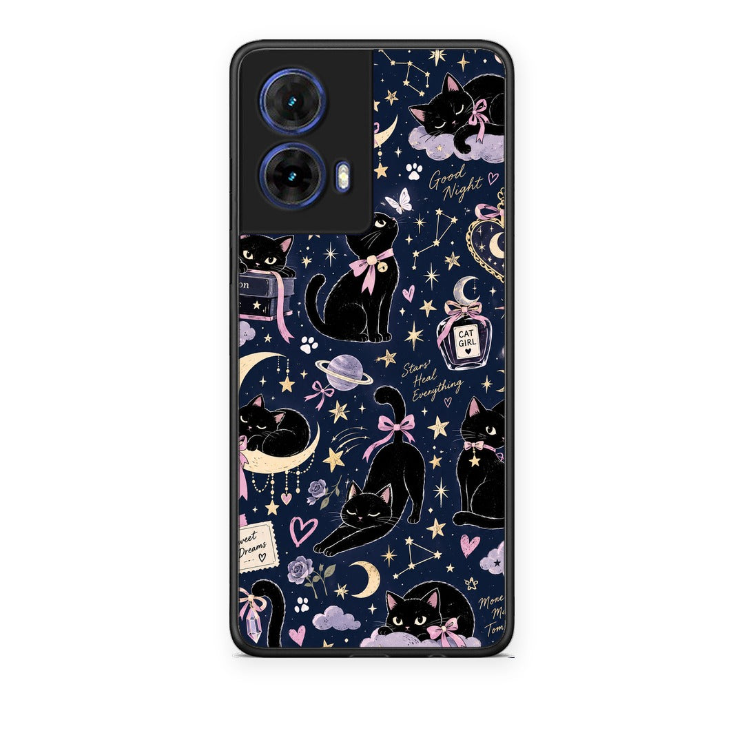 Θήκη Motorola Moto G85 Celestial Black Cats on Navy από τη Smartfits με σχέδιο στο πίσω μέρος και μαύρο περίβλημα | Motorola Moto G85 Celestial Black Cats on Navy case with colorful back and black bezels