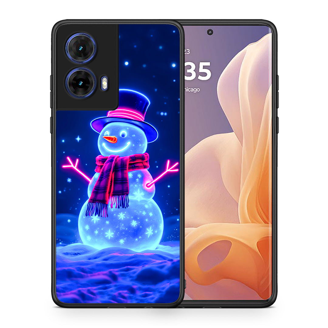Θήκη Motorola Moto G85 Christmas Neon Snowman από τη Smartfits με σχέδιο στο πίσω μέρος και μαύρο περίβλημα | Motorola Moto G85 Christmas Neon Snowman case with colorful back and black bezels