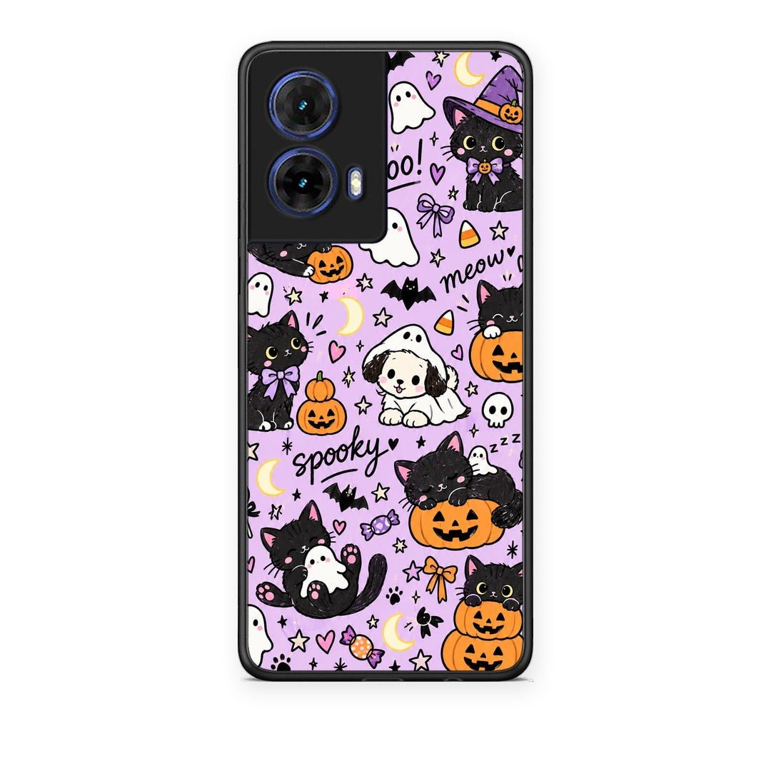 Θήκη Motorola Moto G85 Halloween Black Cats on Lilac από τη Smartfits με σχέδιο στο πίσω μέρος και μαύρο περίβλημα | Motorola Moto G85 Halloween Black Cats on Lilac case with colorful back and black bezels