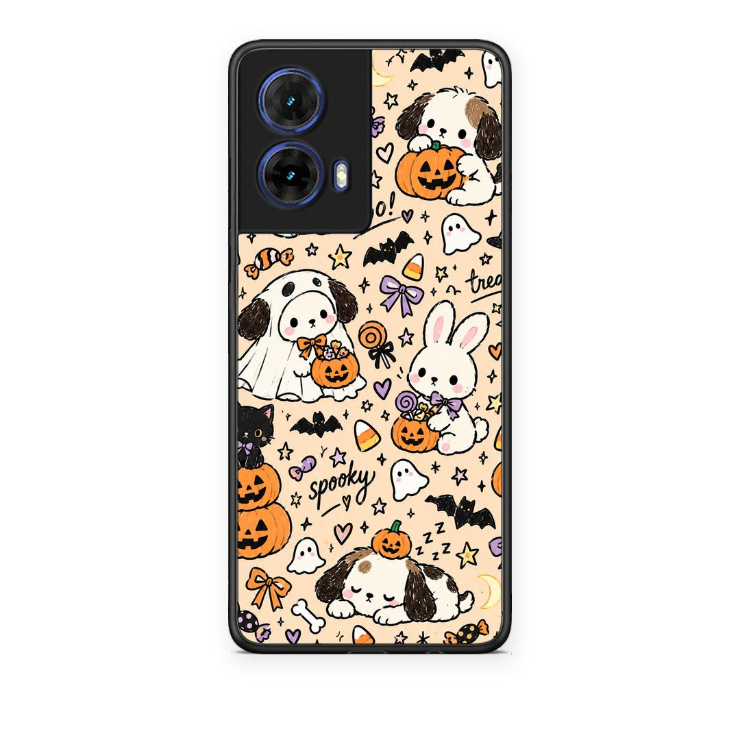 Θήκη Motorola Moto G85 Halloween Puppies and Friends on Cream από τη Smartfits με σχέδιο στο πίσω μέρος και μαύρο περίβλημα | Motorola Moto G85 Halloween Puppies and Friends on Cream case with colorful back and black bezels