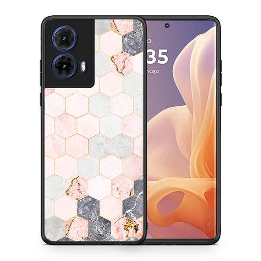 Θήκη Motorola Moto G85 Hexagon Pink Marble από τη Smartfits με σχέδιο στο πίσω μέρος και μαύρο περίβλημα | Motorola Moto G85 Hexagon Pink Marble case with colorful back and black bezels