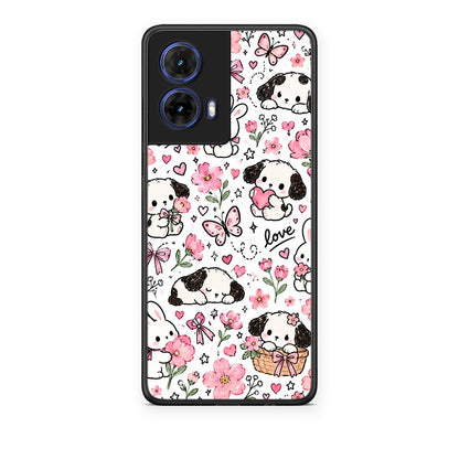 Θήκη Motorola Moto G85 Pink Florals Puppies and Bunnies on White από τη Smartfits με σχέδιο στο πίσω μέρος και μαύρο περίβλημα | Motorola Moto G85 Pink Florals Puppies and Bunnies on White case with colorful back and black bezels